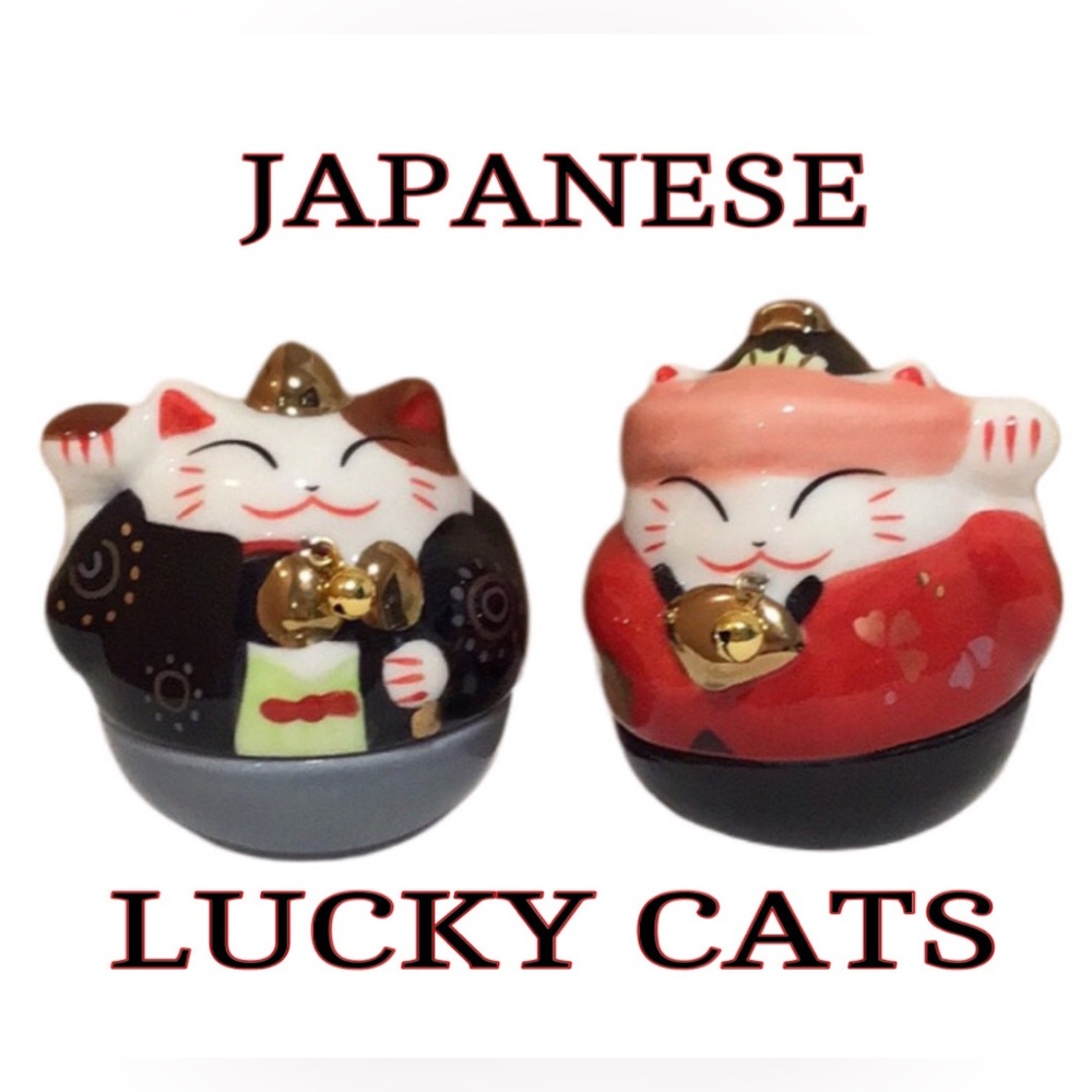 Vintage Japanese Lucky Cats Weighted Roly Poly Fortune Cat Figurines, Set of 2